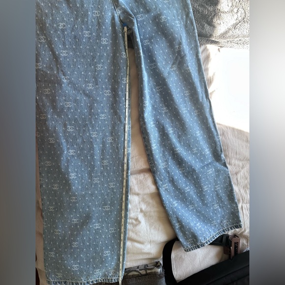 Chanel Light Blue & White Wide Leg Printed Denim Jeans - Picture 6 of 9